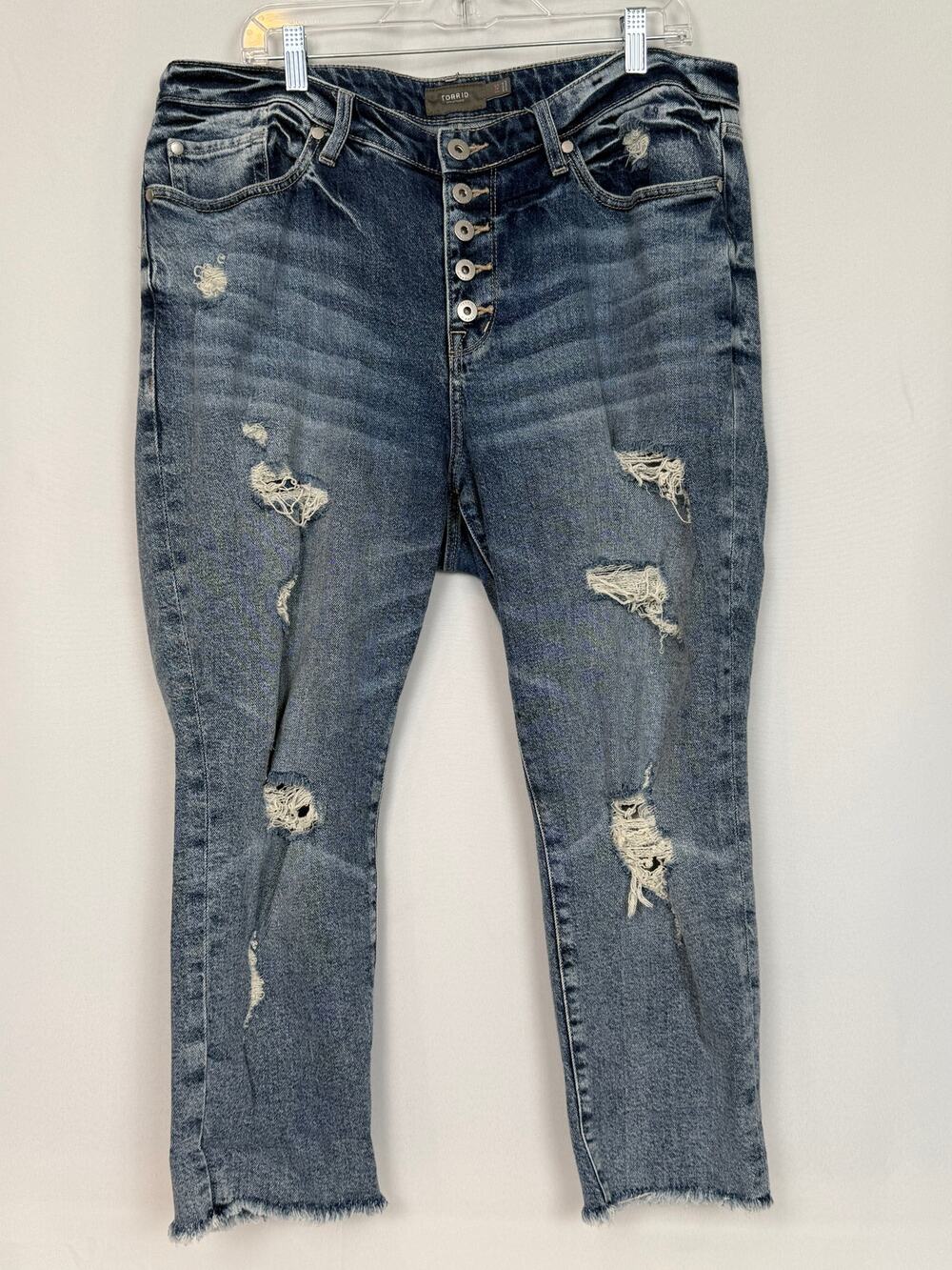 Torrid Distressed Crop Jeans 14S Button Fly Raw Hem Ripped